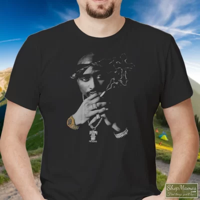 Men's Tupac Shakur 2pac Rapper Hiphop T Shirt In Black, Front View On Light Wood Background
