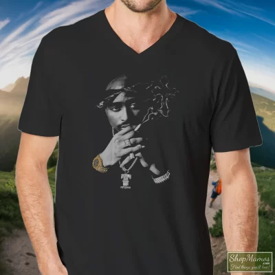 Men's Tupac Shakur 2pac Rapper Hiphop V Neck In Black, Front View On Light Wood Background