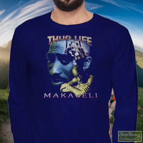 Tupac Shakur 2pac Thug Life One Year In Memory Memorial Men’s Long Sleeve – Navy Front View On Light Wood Background Men's Tupac Shakur 2pac Thug Life One Year In Memory Memorial Long Sleeve In Navy, Front View On Light Wood Background