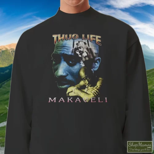 Tupac Shakur 2pac Thug Life One Year In Memory Memorial Men’s Sweatshirt – Black Front View On Light Wood Background Men's Tupac Shakur 2pac Thug Life One Year In Memory Memorial Sweatshirt In Black, Front View On Light Wood Background