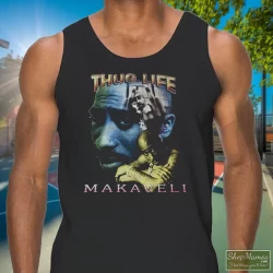 Tupac Shakur 2pac Thug Life One Year In Memory Memorial Shirt 1 Men's Tupac Shakur 2pac Thug Life One Year In Memory Memorial Tank Top In Black, Front View On Light Wood Background