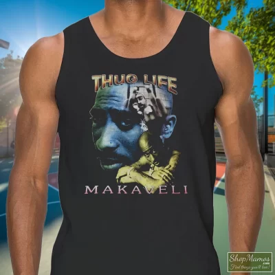 Men's Tupac Shakur 2pac Thug Life One Year In Memory Memorial Tank Top In Black, Front View On Light Wood Background