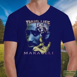 Tupac Shakur 2pac Thug Life One Year In Memory Memorial Shirt 6 Men's Tupac Shakur 2pac Thug Life One Year In Memory Memorial V Neck In Navy, Front View On Light Wood Background