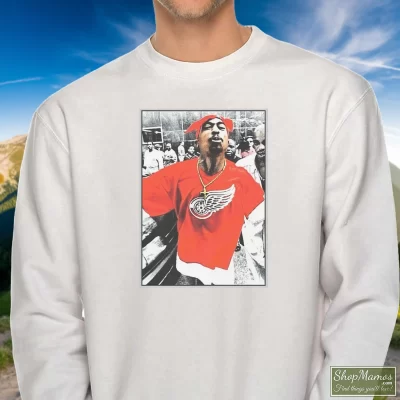 Men's Tupac Shakur 2pac Thug Red Wings Sweatshirt In White, Front View On Dark Wood Background