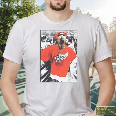 Men's Tupac Shakur 2pac Thug Red Wings T Shirt In White, Front View On Dark Wood Background