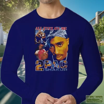 Men's Tupac Shakur All Eyez On Me Memorial Bootleg Long Sleeve In Navy, Front View On Light Wood Background
