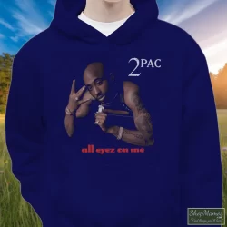 Tupac Shakur All Eyez On Me Navy Shirt 3 Men's Tupac Shakur All Eyez On Me Navy Hoodie In Navy, Front View On Light Wood Background