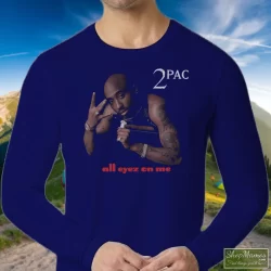 Tupac Shakur All Eyez On Me Navy Shirt 9 Men's Tupac Shakur All Eyez On Me Navy Long Sleeve In Navy, Front View On Light Wood Background