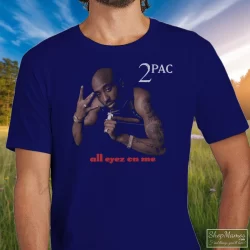 Tupac Shakur All Eyez On Me Navy Shirt 7 Men's Tupac Shakur All Eyez On Me Navy T Shirt In Navy, Front View On Light Wood Background
