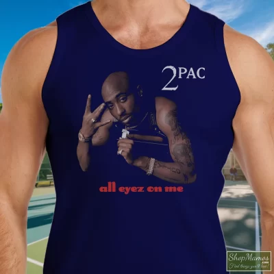 Men's Tupac Shakur All Eyez On Me Navy Tank Top In Navy, Front View On Light Wood Background