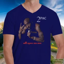 Tupac Shakur All Eyez On Me Navy Shirt 4 Men's Tupac Shakur All Eyez On Me Navy V Neck In Navy, Front View On Light Wood Background