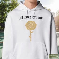 Tupac Shakur All Eyez On Me New Era Shirt 5 Men's Tupac Shakur All Eyez On Me New Era Hoodie In White, Front View On Dark Wood Background