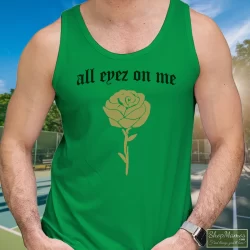 Tupac Shakur All Eyez On Me New Era Shirt 2 Men's Tupac Shakur All Eyez On Me New Era Tank Top In Irish Green, Front View On Light Wood Background