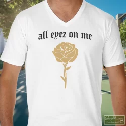 Tupac Shakur All Eyez On Me New Era Shirt 11 Men's Tupac Shakur All Eyez On Me New Era V Neck In White, Front View On Dark Wood Background