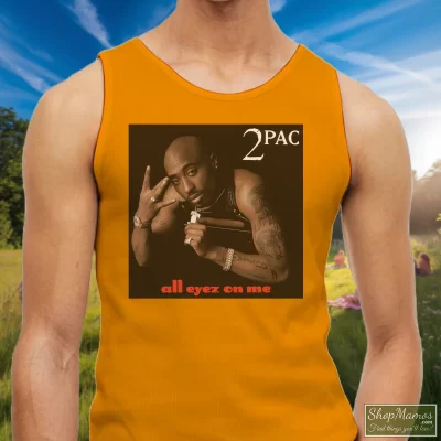 Men's Tupac Shakur All Eyez On Me Tank Top In Orange, Front View On Dark Wood Background