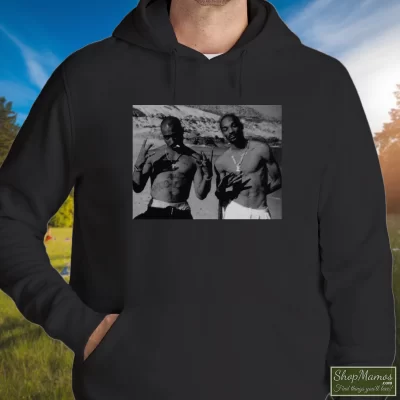 Men's Tupac Shakur And Snoop Dogg In Mexico 1990 Hoodie In Black, Front View On Light Wood Background