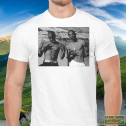 Men's Tupac Shakur And Snoop Dogg In Mexico 1990 T Shirt In White, Front View On Dark Wood Background