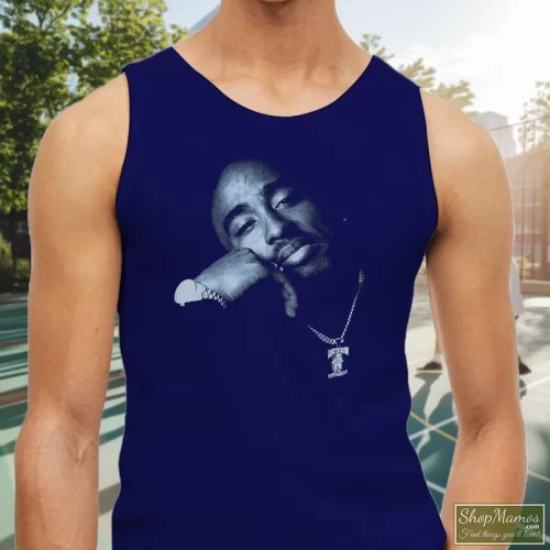 Tupac Shakur Death Row Records 2pac Hip Hop Dre Snoop 1990s Men’s Tank Top – Navy Front View On Light Wood Background Men's Tupac Shakur Death Row Records 2pac Hip Hop Dre Snoop 1990s Tank Top In Navy, Front View On Light Wood Background
