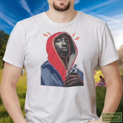Men's Tupac Shakur Juice Movie T Shirt In White, Front View On Dark Wood Background