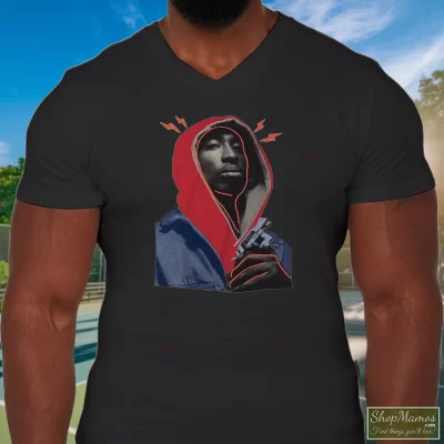 Men's Tupac Shakur Juice Movie V Neck In Black, Front View On Light Wood Background