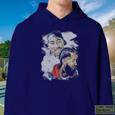 Men's Tupac Shakur Nipsey Husle Graphic Hoodie In Navy, Front View On Light Wood Background