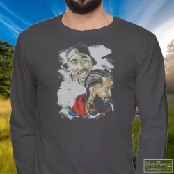 Tupac Shakur Nipsey Husle Graphic Shirt 11 Men's Tupac Shakur Nipsey Husle Graphic Long Sleeve In Charcoal, Front View On Dark Wood Background