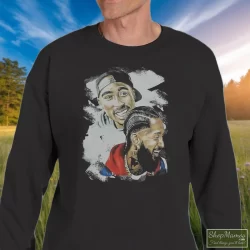 Tupac Shakur Nipsey Husle Graphic Shirt 2 Men's Tupac Shakur Nipsey Husle Graphic Sweatshirt In Black, Front View On Light Wood Background