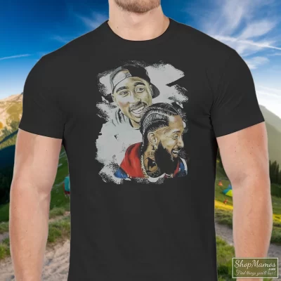 Men's Tupac Shakur Nipsey Husle Graphic T Shirt In Black, Front View On Light Wood Background