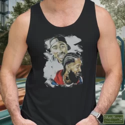 Tupac Shakur Nipsey Husle Graphic Shirt 9 Men's Tupac Shakur Nipsey Husle Graphic Tank Top In Black, Front View On Light Wood Background