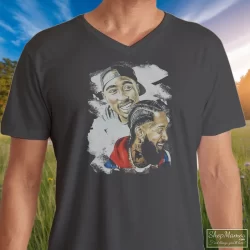 Tupac Shakur Nipsey Husle Graphic Shirt 5 Men's Tupac Shakur Nipsey Husle Graphic V Neck In Charcoal, Front View On Dark Wood Background