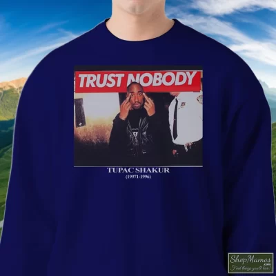 Men's Tupac Shakur Trust Nobody Graphic Sweatshirt In Navy, Front View On Light Wood Background