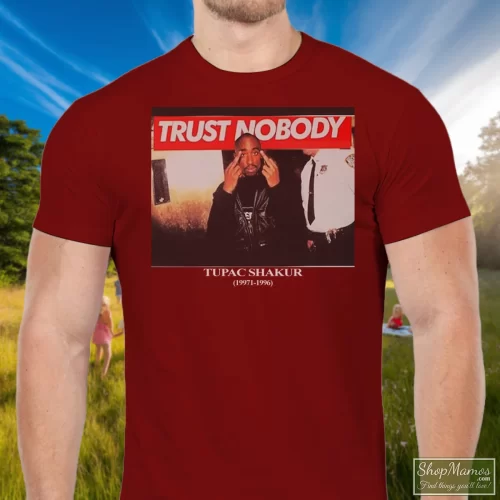 Tupac Shakur Trust Nobody Graphic Men’s T Shirt – Maroon Front View On Light Wood Background Men's Tupac Shakur Trust Nobody Graphic T Shirt In Maroon, Front View On Light Wood Background