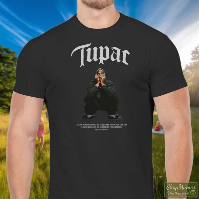 Men's Must Have Tupac Shakur Vintage T Shirt In Black, Front View On Light Wood Background