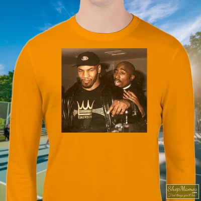 Men's Tupac Shakur X Mike Tyson Sweatshirt In Orange, Front View On Dark Wood Background