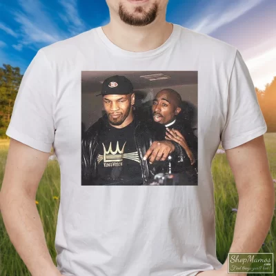 Men's Tupac Shakur X Mike Tyson T Shirt In White, Front View On Dark Wood Background