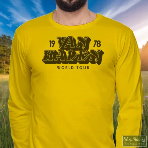 Van Halen 1978 World Tour Men’s Long Sleeve – Yellow Front View On Dark Wood Background Men's Van Halen 1978 World Tour Long Sleeve In Yellow, Front View On Dark Wood Background