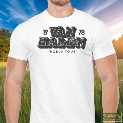 Men's Van Halen 1978 World Tour T Shirt In White, Front View On Dark Wood Background