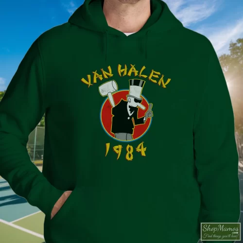 Van Halen 1984 Hammer Guy Men’s Hoodie – Forest Green Front View On Light Wood Background Men's Van Halen 1984 Hammer Guy Hoodie In Forest Green, Front View On Light Wood Background