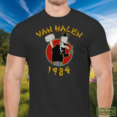 Men's Van Halen 1984 Hammer Guy T Shirt In Black, Front View On Light Wood Background