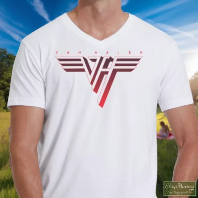 Men's Van Halen Classic Red Logo V Neck In White, Front View On Dark Wood Background