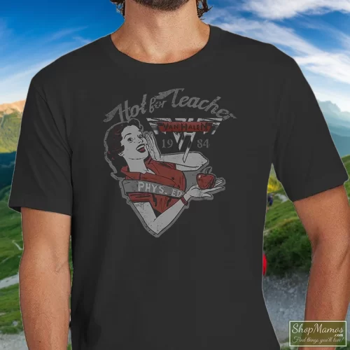 Van Halen Hot For Eacher 1984 Black 2184 Men’s T Shirt – Black Front View On Light Wood Background Men's Van Halen Hot For Eacher 1984 Black 2184 T Shirt In Black, Front View On Light Wood Background