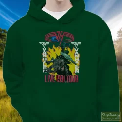 Van Halen Live 1991 Tour Super Shirt 7 Men's Van Halen Live 1991 Tour Super Hoodie In Forest Green, Front View On Light Wood Background