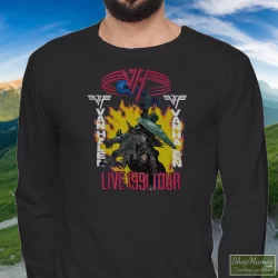 Van Halen Live 1991 Tour Super Shirt 10 Men's Van Halen Live 1991 Tour Super Long Sleeve In Black, Front View On Light Wood Background