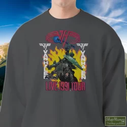 Van Halen Live 1991 Tour Super Shirt 6 Men's Van Halen Live 1991 Tour Super Sweatshirt In Charcoal, Front View On Dark Wood Background