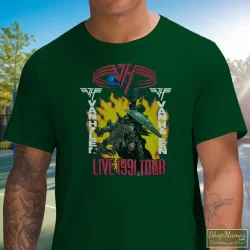 Van Halen Live 1991 Tour Super Shirt 9 Men's Van Halen Live 1991 Tour Super T Shirt In Forest Green, Front View On Light Wood Background