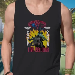 Van Halen Live 1991 Tour Super Shirt 2 Men's Van Halen Live 1991 Tour Super Tank Top In Black, Front View On Light Wood Background