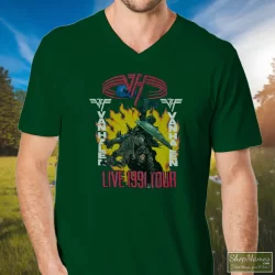Van Halen Live 1991 Tour Super Shirt 8 Men's Van Halen Live 1991 Tour Super V Neck In Forest Green, Front View On Light Wood Background