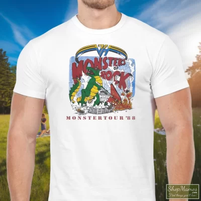 Men's Van Halen Monsters Of Rock 1988 Tour T Shirt In White, Front View On Dark Wood Background