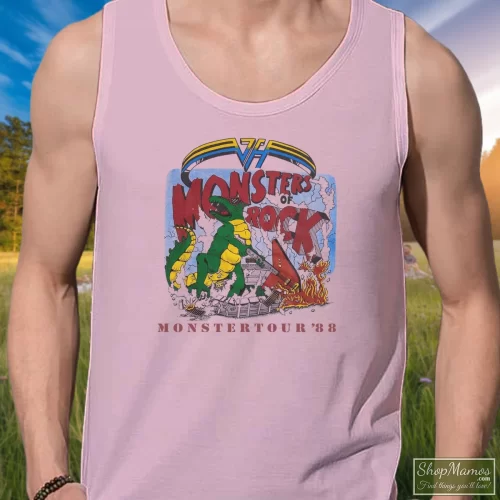 Van Halen Monsters Of Rock 1988 Tour Men’s Tank Top – Light Pink Front View On Dark Wood Background Men's Van Halen Monsters Of Rock 1988 Tour Tank Top In Light Pink, Front View On Dark Wood Background