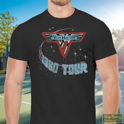 Men's Van Halen Of Rock 1980 Tour Dates T Shirt In Black, Front View On Light Wood Background